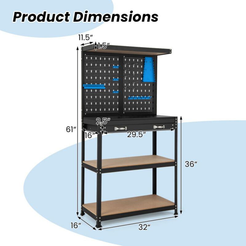 Tool Storage Workbench with Pegboard with 14 Hanging Accessories for Garage image number 3