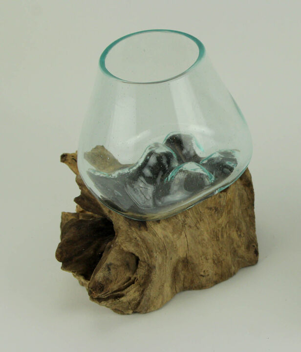 Clear Molten Glass On Teak Driftwood Base Decorative Bowl Vase Terrarium Planter