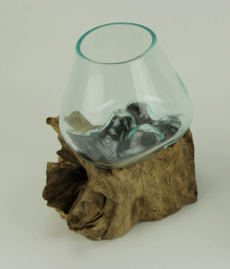 Clear Molten Glass On Teak Driftwood Base Decorative Bowl Vase Terrarium Planter image number 1