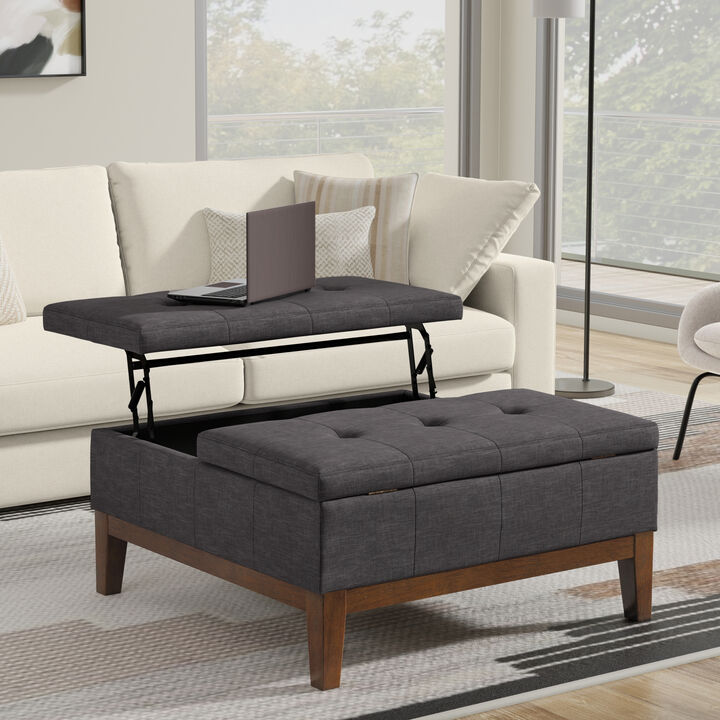 Dover 36 inch Wide Contemporary Square Lift Top Coffee Table Storage Ottoman in Slate Grey  Polyester Linen, Assembled