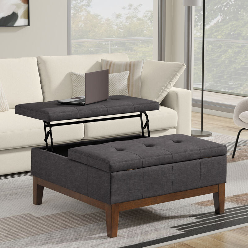 Dover 36 inch Wide Contemporary Square Lift Top Coffee Table Storage Ottoman in Slate Grey  Polyester Linen, Assembled