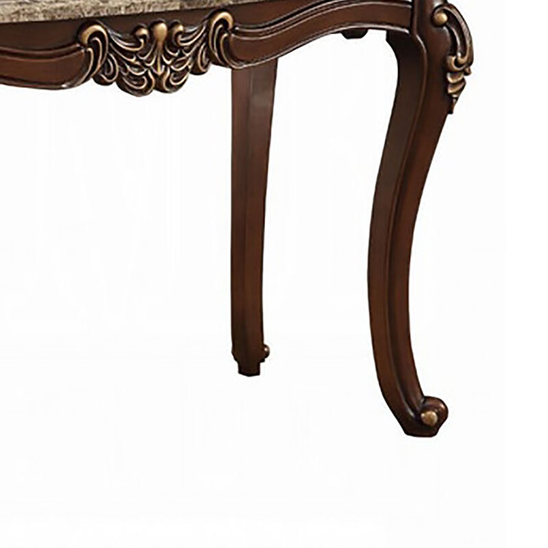 Marble Top Sofa Table With Carved Floral Motifs Wooden Feet, Brown-Benzara