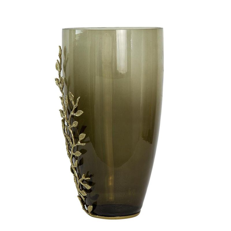 HomeRoots 15" Dark Olive Green And Gold Branch Patterned Glass And Aluminum Table Vase image number 2
