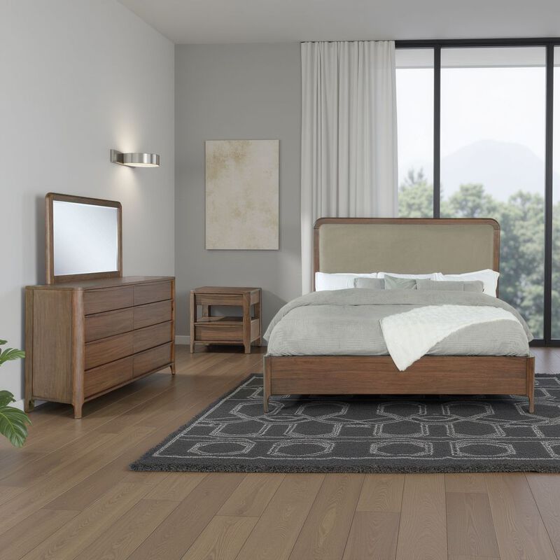 Rie 4pc Queen Bedroom Set with Dresser Mirror, Brown, Beige Upholstery