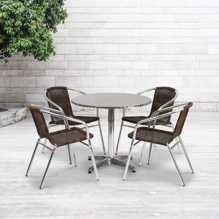 Flash Furniture 31.5'' Round Aluminum Indoor-Outdoor Table Set with 4 Dark Brown Rattan Chairs