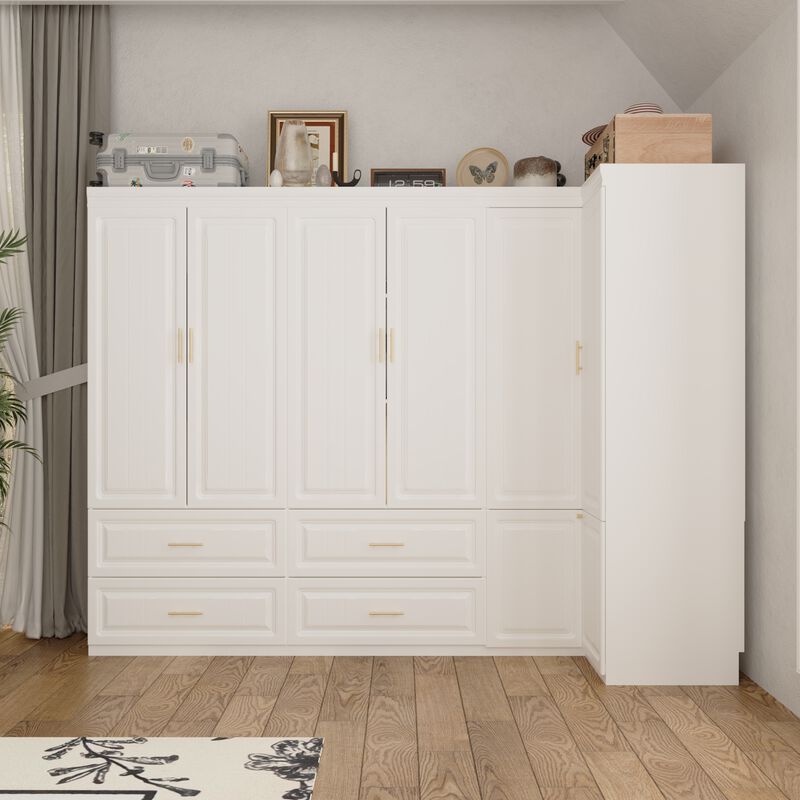 FUFU&GAGA Large Capacity Multifunctional Wardrobe with Concealed Storage, 6 Doors and 4 Drawers with Hanging Rod, (98.4 in. W x 20.6 in. D x 74.2 in. H), White
