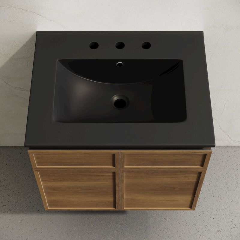 24" Wall-Mounted Bathroom Vanity in Brown Oak, Black 3-Hole Centerset Sink Top image number 2