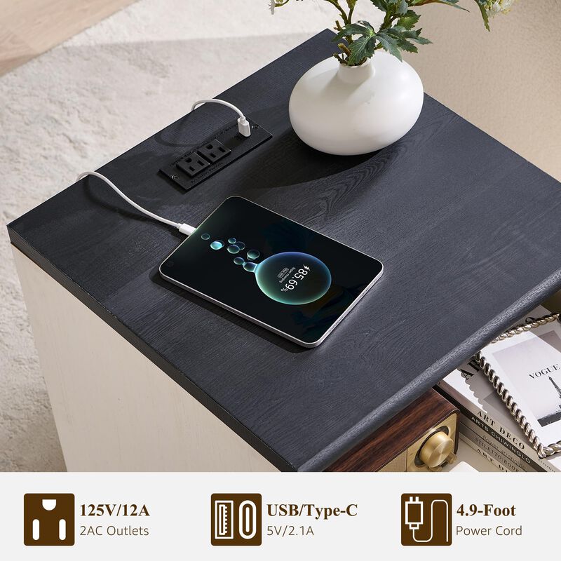 18" Wood Nightstand with Charging Station, Drawer & Open Shelf image number 1