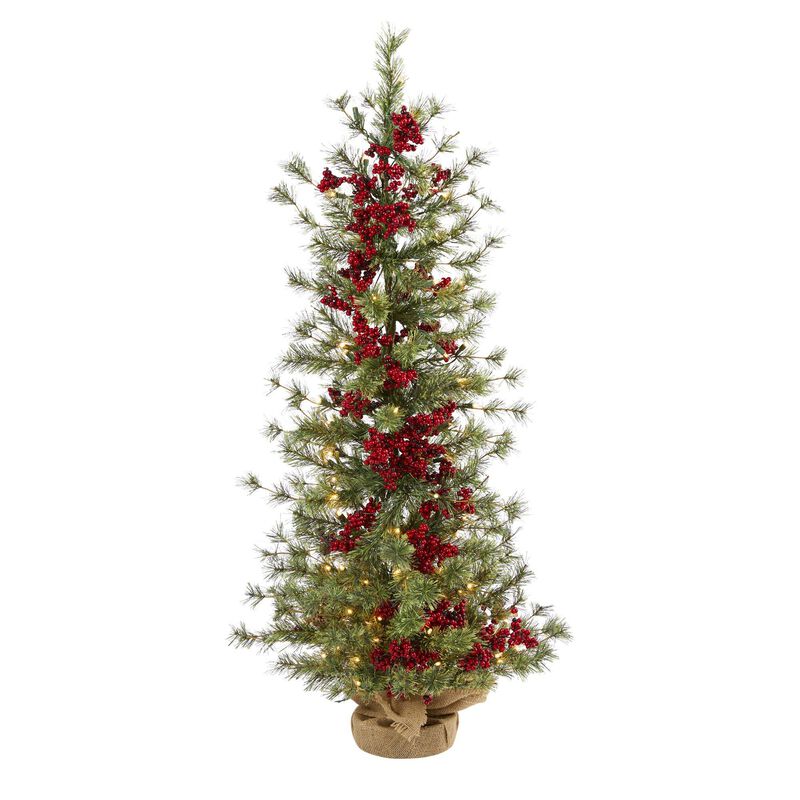 Nearly Natural 4-ft Berry and Pine Artificial Christmas Tree with 100 Warm White Lights and Burlap Wrapped Base image number 1