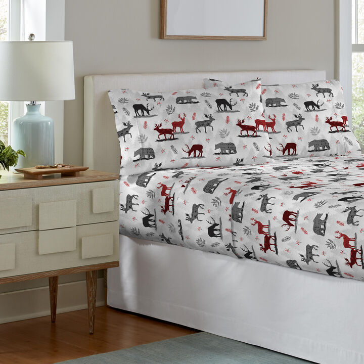 Pointehaven 180 GSM 100% Cotton Northwoods Printed Flannel Deep Pocket 4 pc Sheet Set, California King