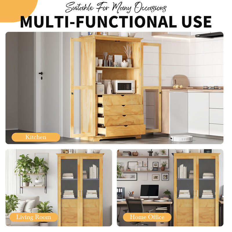 Merax Freestanding Kitchen Storage Cabinet Display Cabinet with Glass Doors