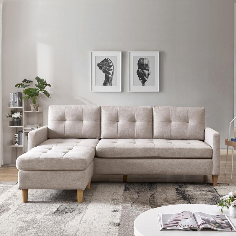 OS Home and Office Furniture Two Piece Upholstered Tufted L Shaped Sectional with Ottoman in Beige
