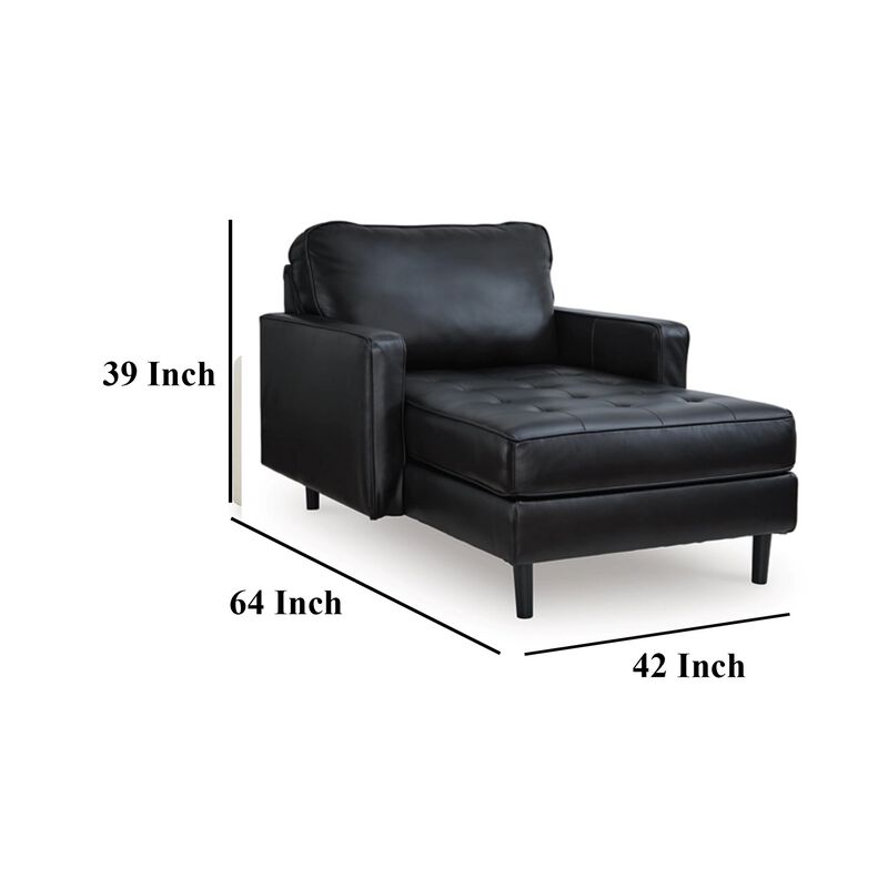 Bryc Chaise Lounge Chair, Classic Black Real and Faux Leather, 64 Inch - Benzara