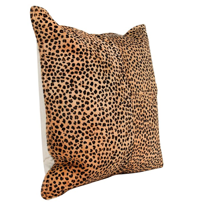 20 x 20 Leather Accent Throw Pillow, Leopard Print Beige Black, Down Insert-Benzara
