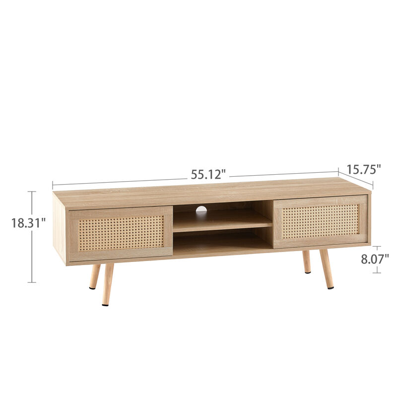 55.12" Rattan TV cabinet, double sliding doors for storage, adjustable shelf, solid wood legs, TV console for living room, natural