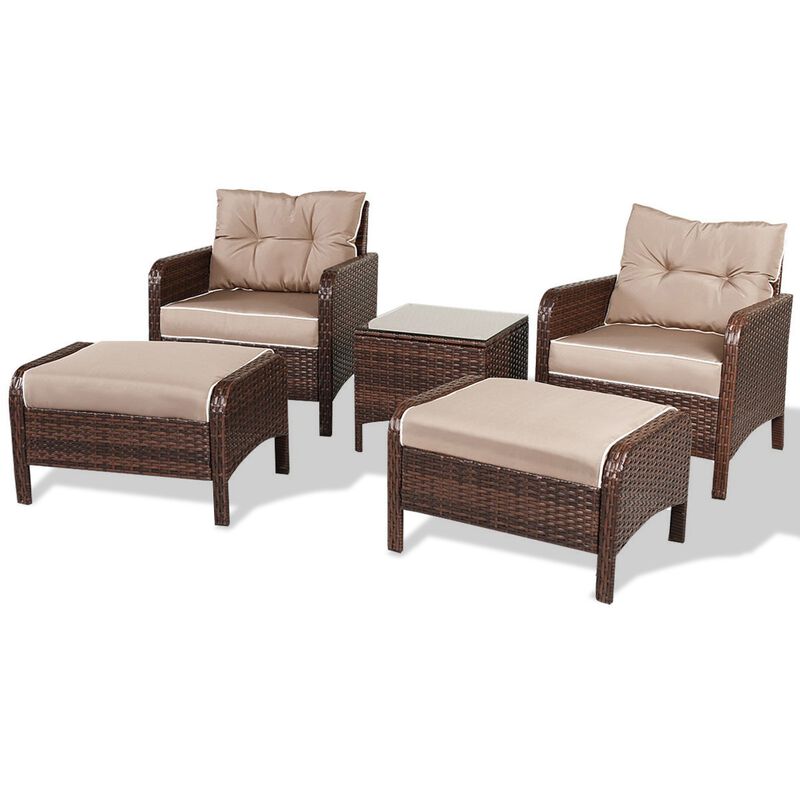 5-Piece Patio Rattan Sofa and Ottoman Set with Cushions, Stylish Outdoor Furniture