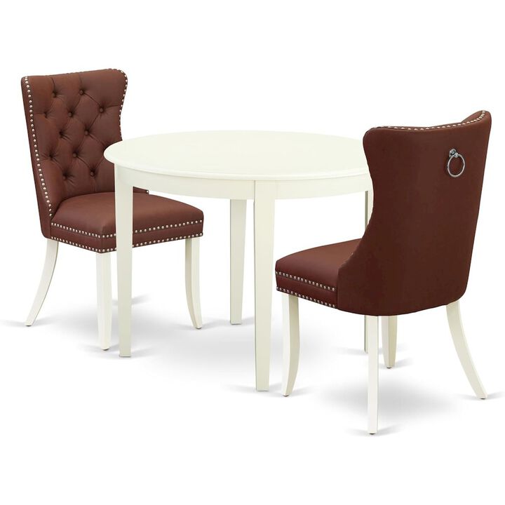 East West Furniture Boston 3 Piece Dining Room Set Contains a Round Kitchen Table and 2 Upholstered Parson Chairs, 42x42 Inch, Linen White