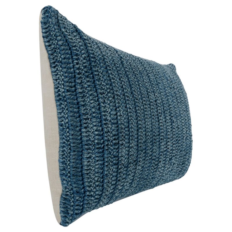 Rosie 14 x 26 Lumbar Accent Throw Pillow, Hand Knitted Designs, Blue Linen - Benzara