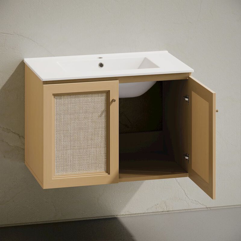 30" Wall-Mounted Bathroom Vanity in Natural Oak, Single Faucet Hole Vanity Top image number 8