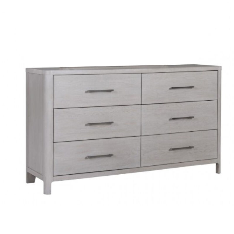 Reham Wide Dresser Chest, 6 Drawers, Pewter Handles, White Wash Brown - Benzara