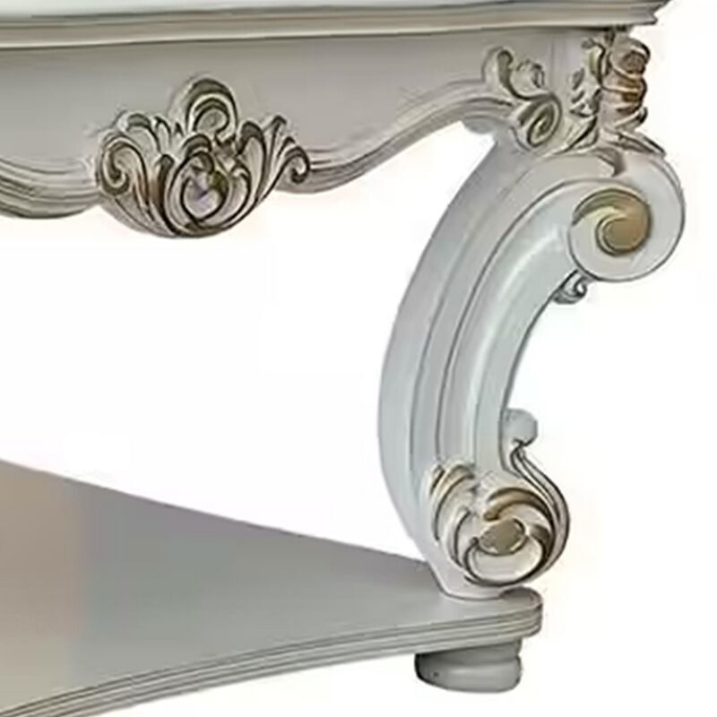 Benjara Jess 58 Inch Coffee Table, Square, Traditional Scrolled Legs, Brushed, White and Gold