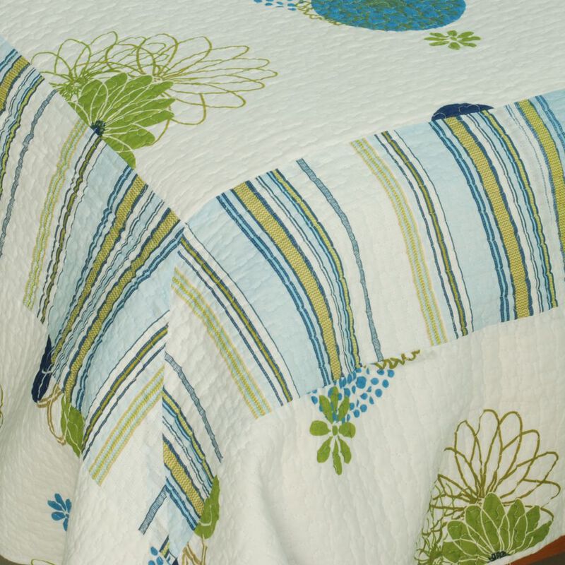 Lightweight Cotton 3PC Vermicelli-Quilted Printed Quilt Set Queen Size Blue Bedspread image number 4