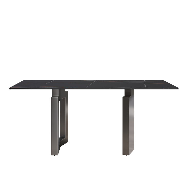 70.87" modern artificial stone black straight edge black metal leg dining table-can accommodate 6-8 people