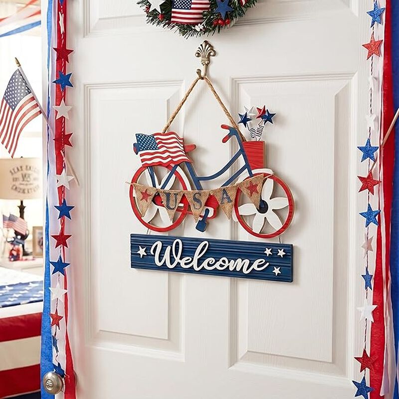 Americana Bike Wooden Patriotic Wreath Red White Blue Indoor Outdoor Decor image number 2
