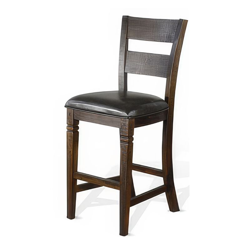 Flint Barstool Chair, Set of 2, Ladderback, Black Vinyl, Dark Brown Mahogany - Benzara