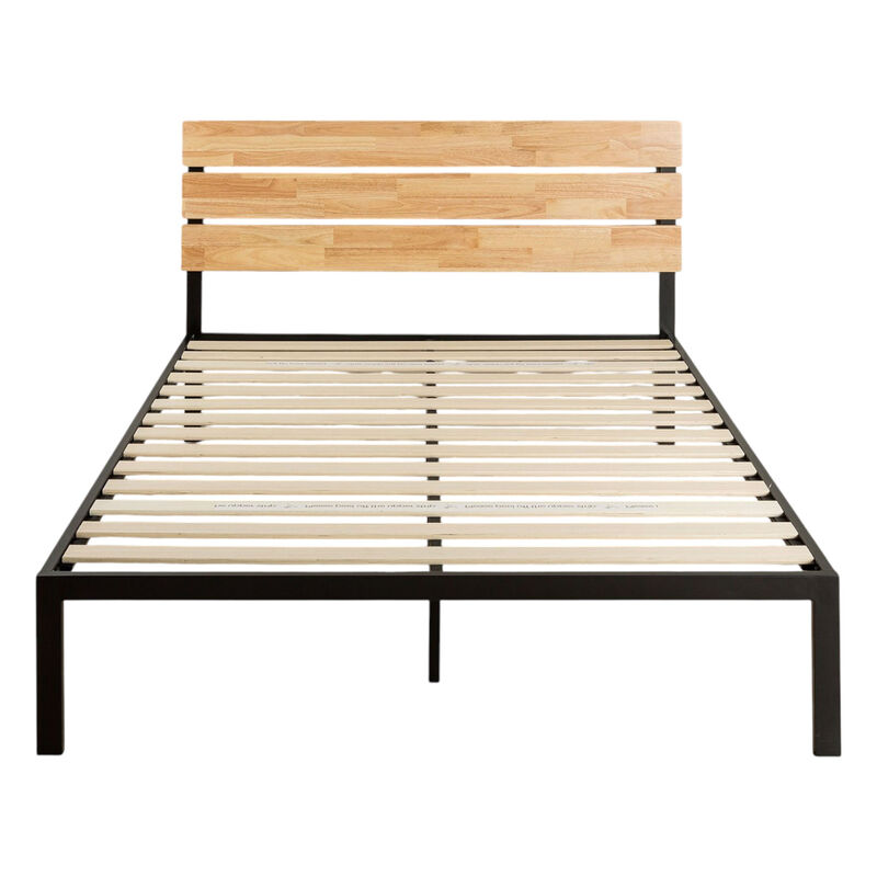 Modern Metal Platform Bed Frame with Wood Headboard and Slats
