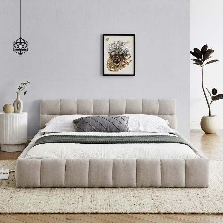 Queen Size Upholstered Bed Frame With Thick Fabric, Chenille Fabric Grounded Platform Bed With Headboard And Solid Frame-Cuddlewood