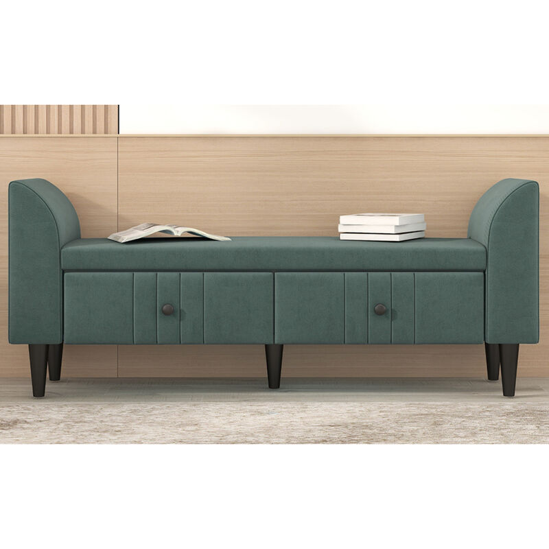 Upholstered Wooden Storage Ottoman Bench with 2 Drawers For Bedroom, Fully Assembled Except Legs and Handles, Green