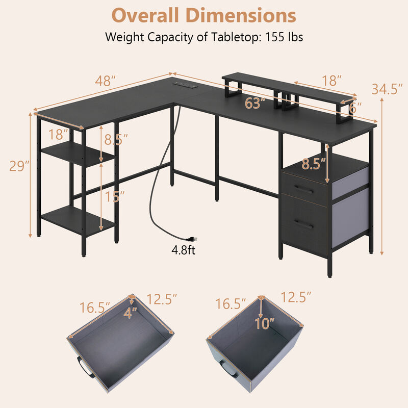 Reversible L Shaped Computer Desk with Power Outlet and Monitor Stands image number 2