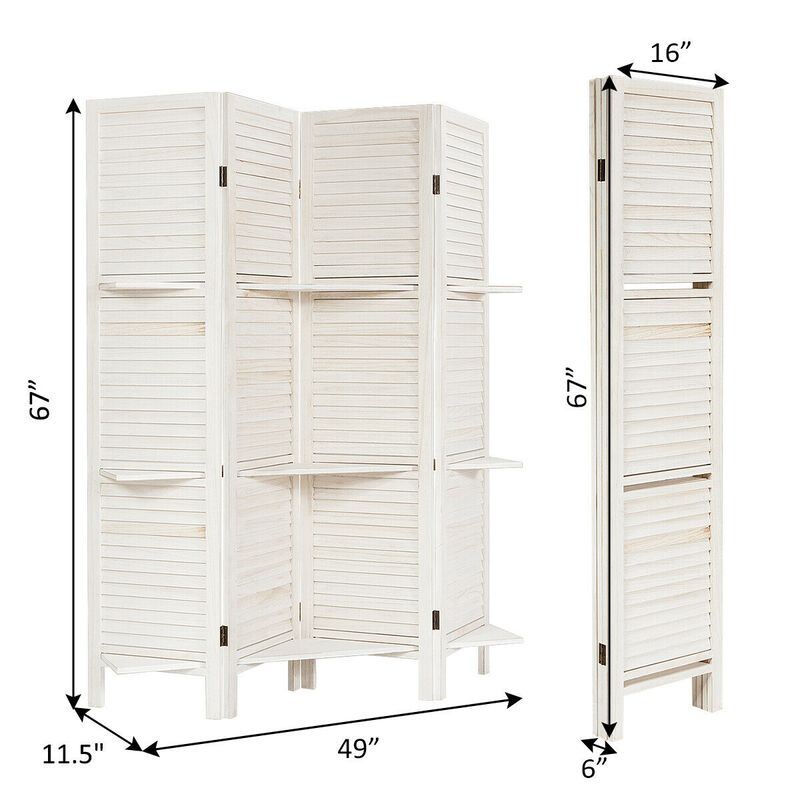 4 Panel Folding Room Divider Screen With 3 Display Shelves