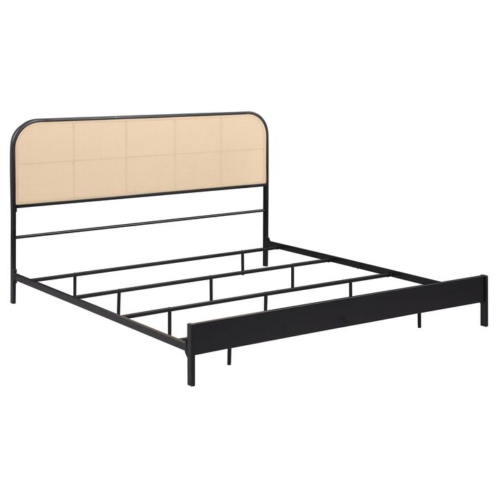 Ammy King Bed, Radio Weave Headboard, Brown Faux Rattan, Black Metal  - Benzara