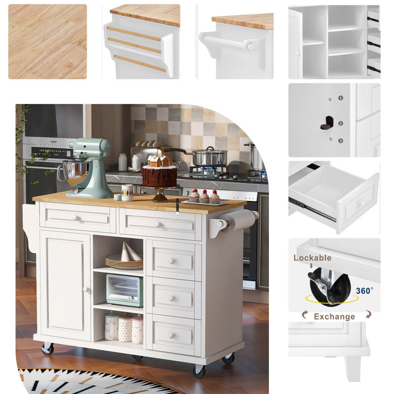 Kitchen cart with Rubber wood desktop rolling mobile kitchen island with storage and 5 draws 53 Inch length(White)
