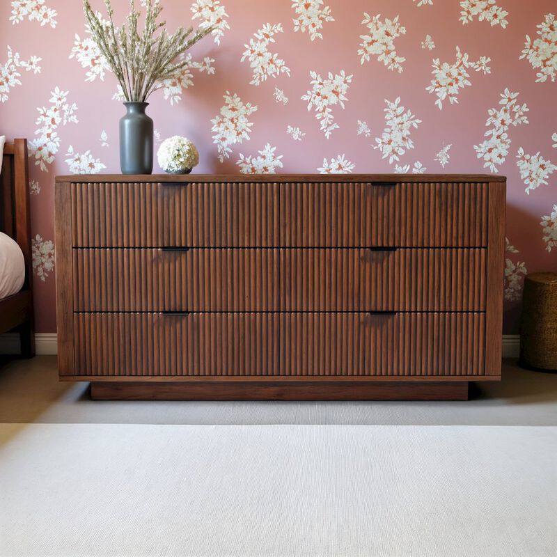 FurniFact Solid Wood 6 Drawer Dresser for Bedroom with Walnut Finish, Brown Color image number 1