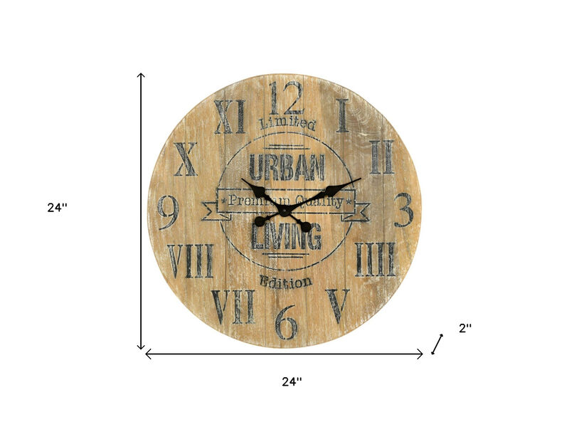 HomeRoots 24" Natural Distressed Solid Wood Silent Analog Round Wall Clock image number 4