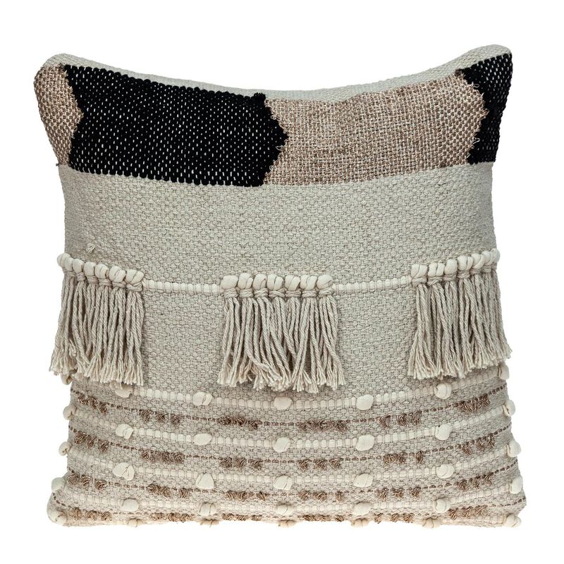HomeRoots 18" Beige and Gold Striped Cotton Blend Throw Pillow With Fringe image number 0