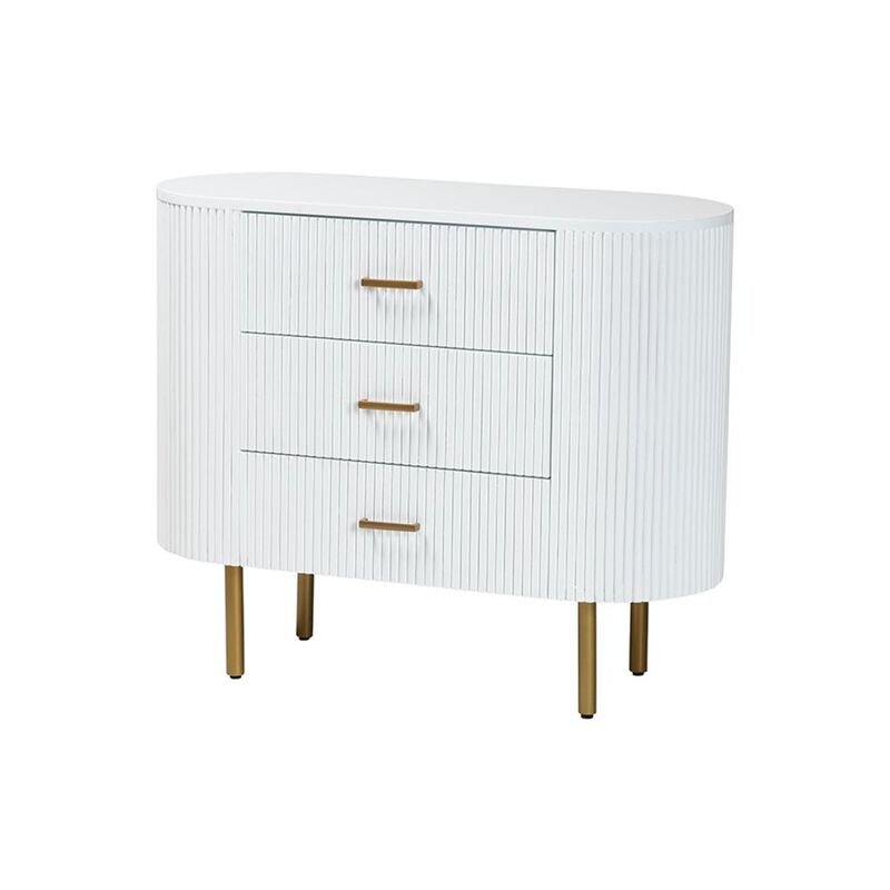 bali & pari Beyla Mid-Century White Fluted Wood and Gold Metal 3-Drawer Dresser