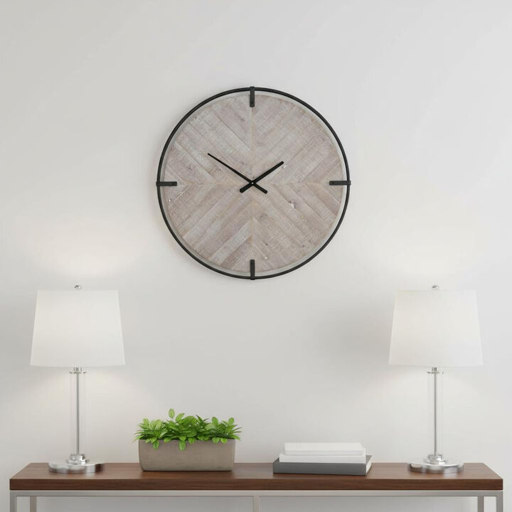 HomeRoots 33" Black And Natural Metal And Solid Wood Analog Distressed Round Wall Clock