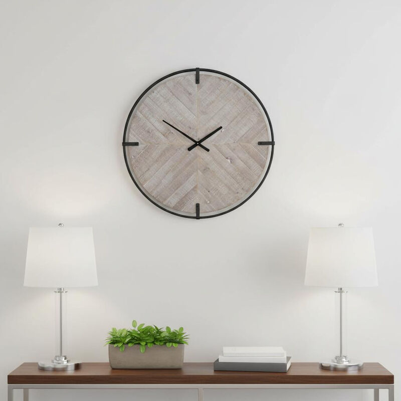 HomeRoots 33" Black And Natural Metal And Solid Wood Analog Distressed Round Wall Clock image number 1