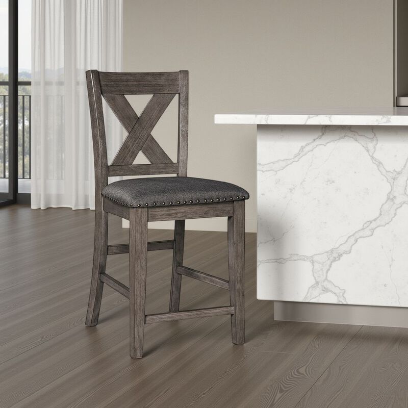 Caity Counter Height Chair Set of 2, Gray Acacia Wood, X Shaped Back - Benzara