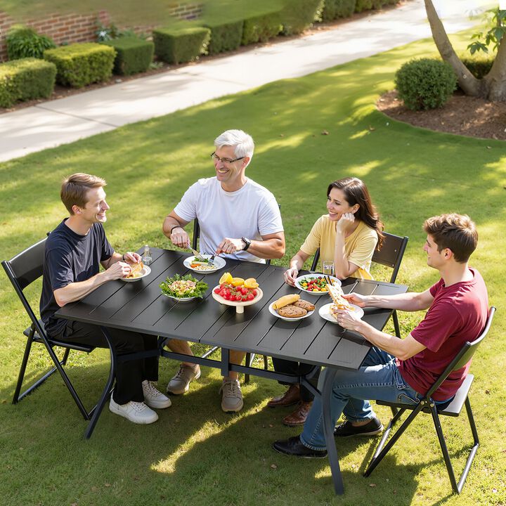 Rectangular Outdoor Dining Table, Steel Slat Patio Table with Umbrella Hole - Black