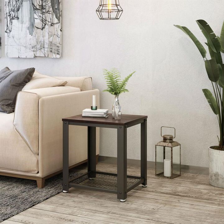 Hivvago Modern Industrial Metal Wood Nightstand Side Table with Mesh Shelf