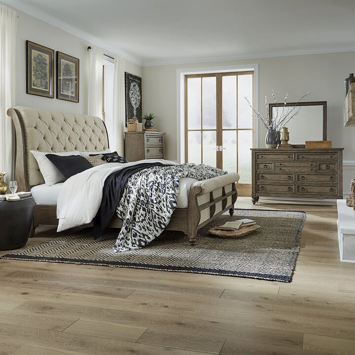 Liberty Furniture King Sleigh Bed, Dresser & Mirror, Chest in Poplar Solids w/ White Oak Veneers