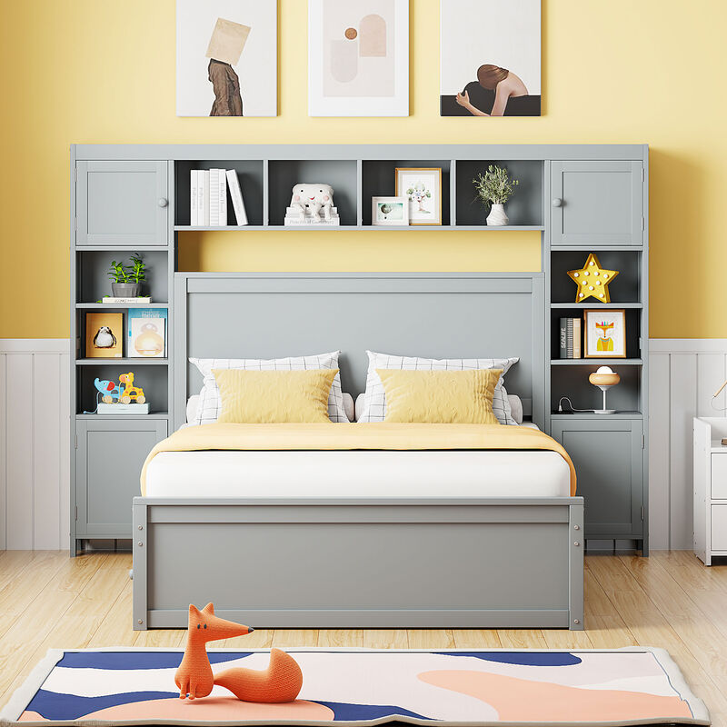 Whisen Modern Design Full Size Wooden Bed With All-in-One Cabinet, Shelf and Twin Size Trundle - White