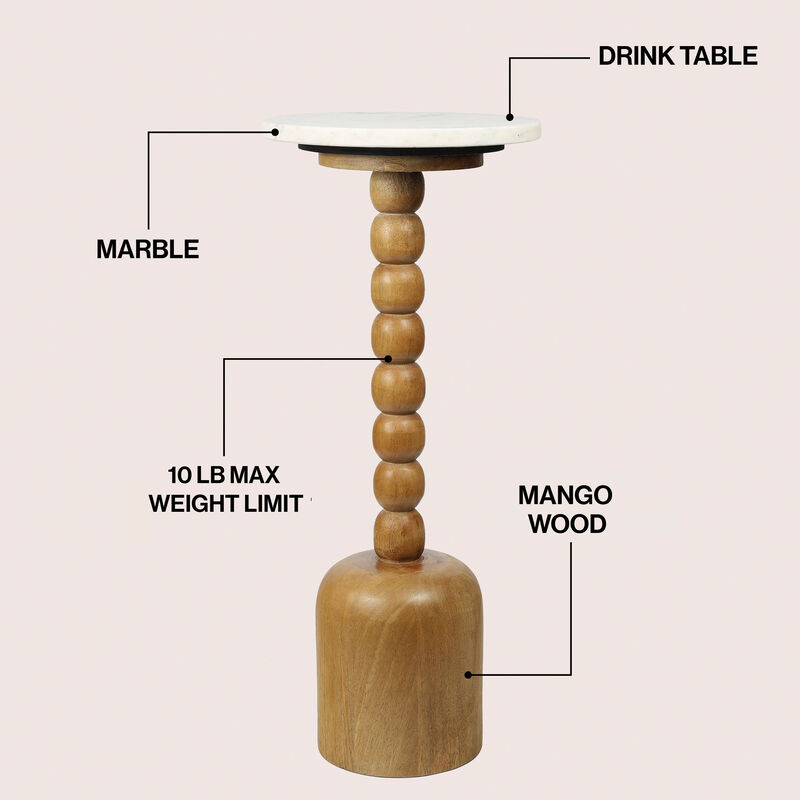 Turner 24.5" Designer Cottage Spindle Wood Column Drink Table and Decorative End Table with White/Beige Marble Round Top image number 2