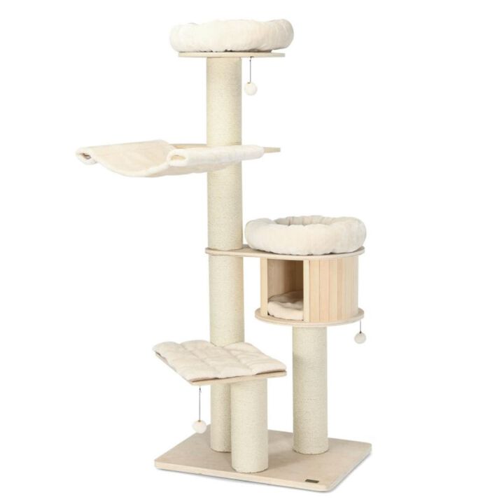 Hivvago 4-Layer 68.5-Inch Wooden Cat Tree Condo Activity Tower with Sisal Posts