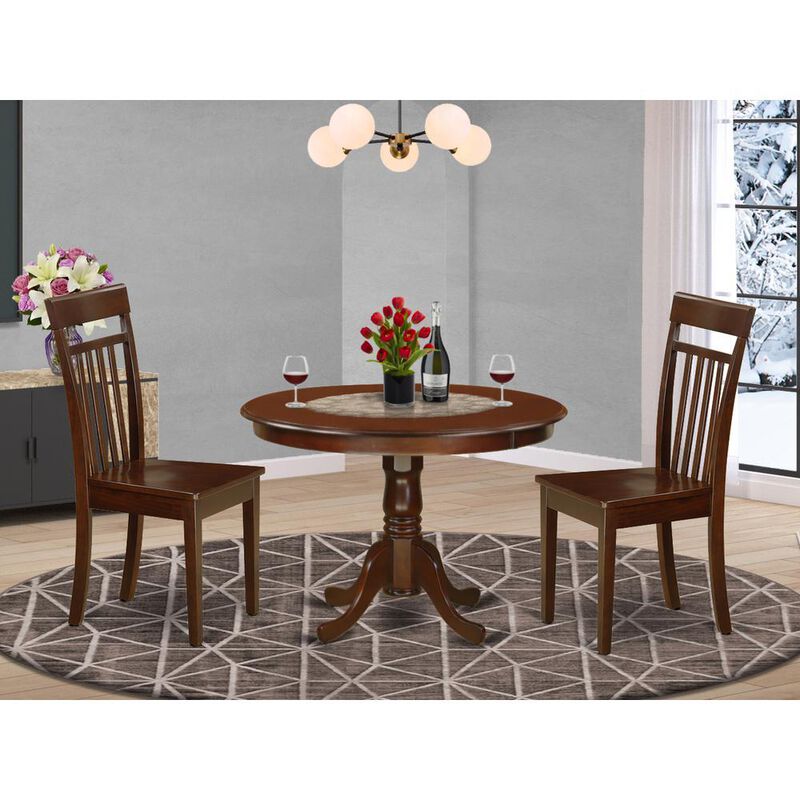 3 Pc Set with a Round Dinette Table and 2 Leather Kitchen Chairs in Mahogany